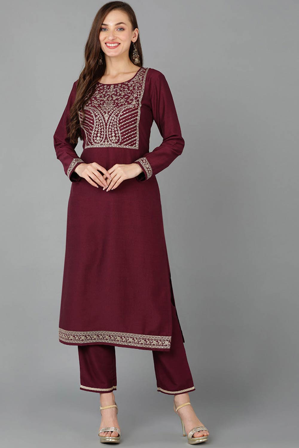 Red Silk Blend Round Neck KurtI Set