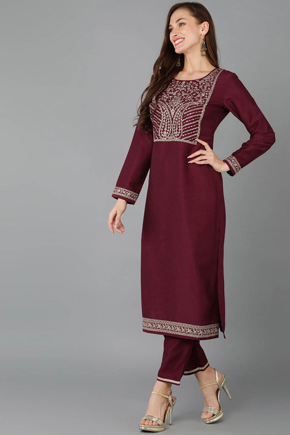 Red Silk Blend Round Neck KurtI Set