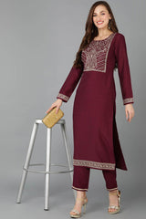 Red Silk Blend Round Neck KurtI Set