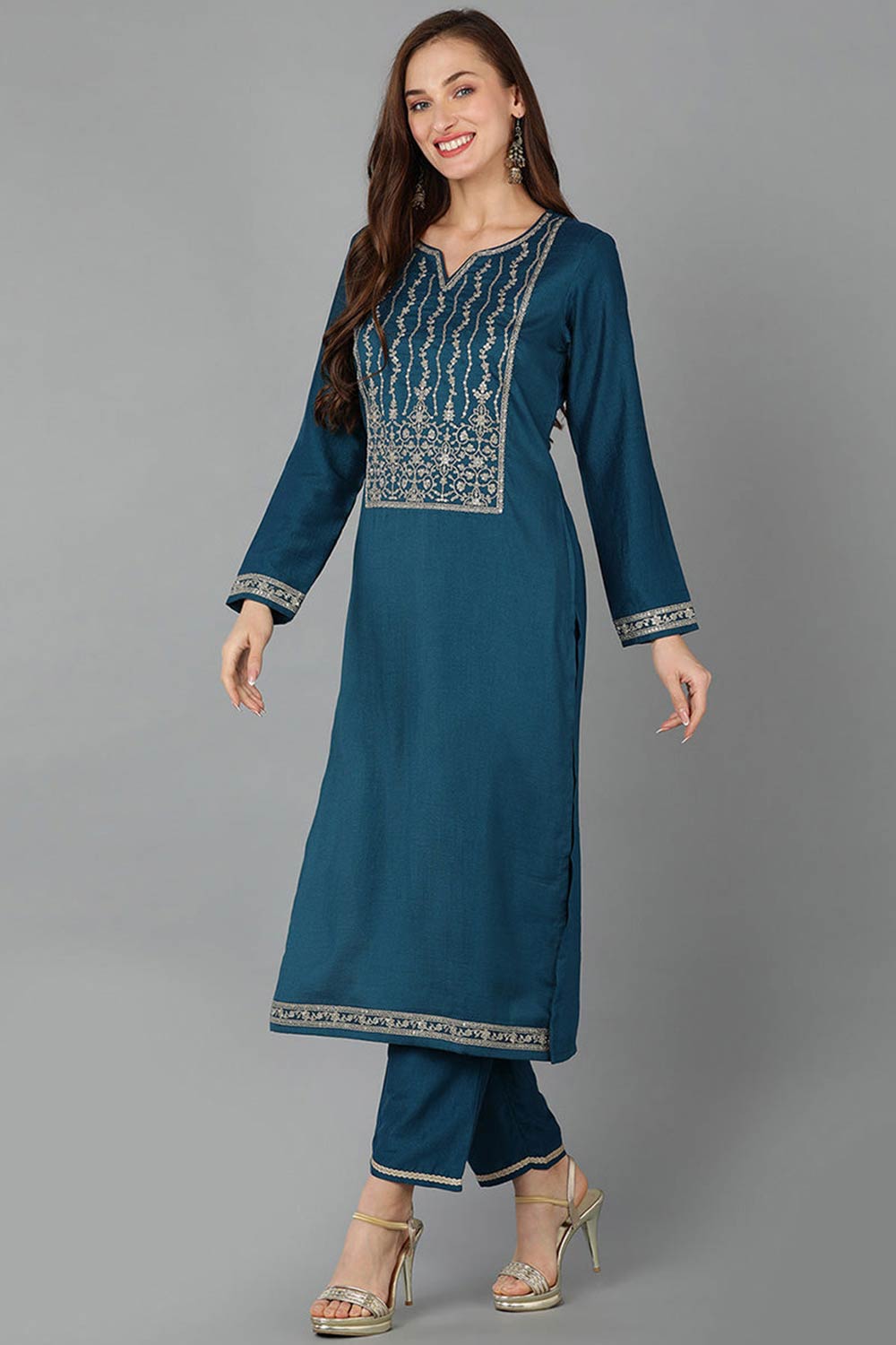 Green Silk Blend V Neck KurtI Set