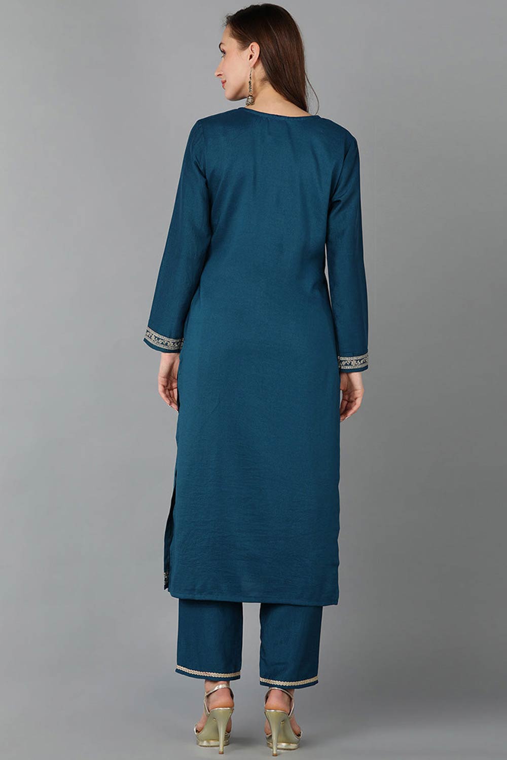 Green Silk Blend V Neck KurtI Set