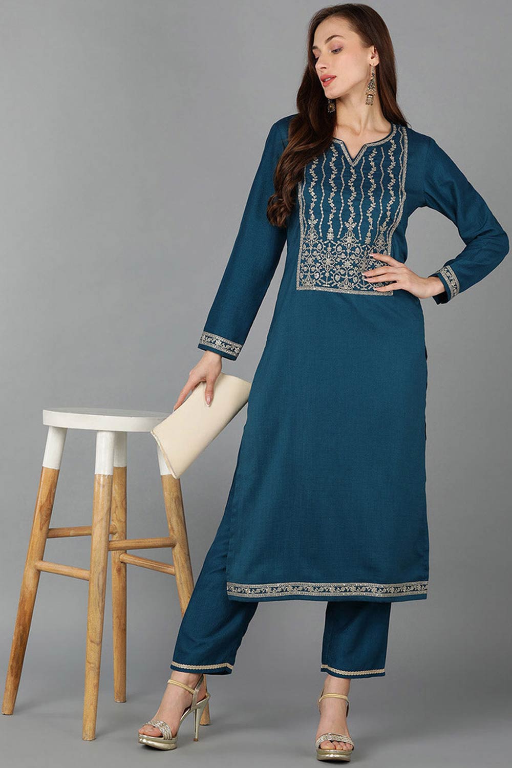 Green Silk Blend V Neck KurtI Set