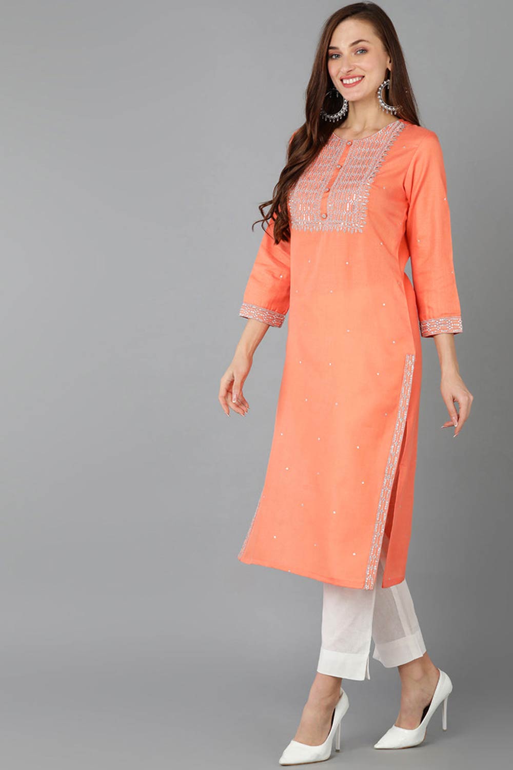 Pink Cotton Round Neck KurtI Set