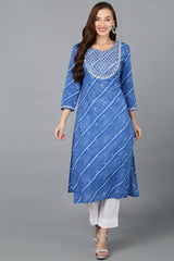 Blue Cotton Round Neck KurtI Set