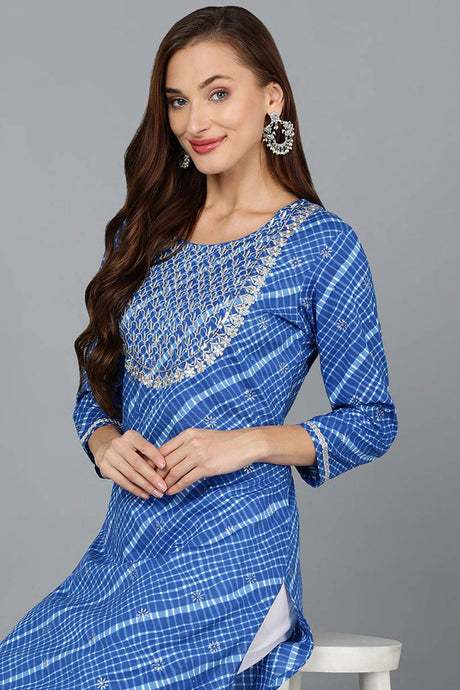 Blue Cotton Round Neck KurtI Set