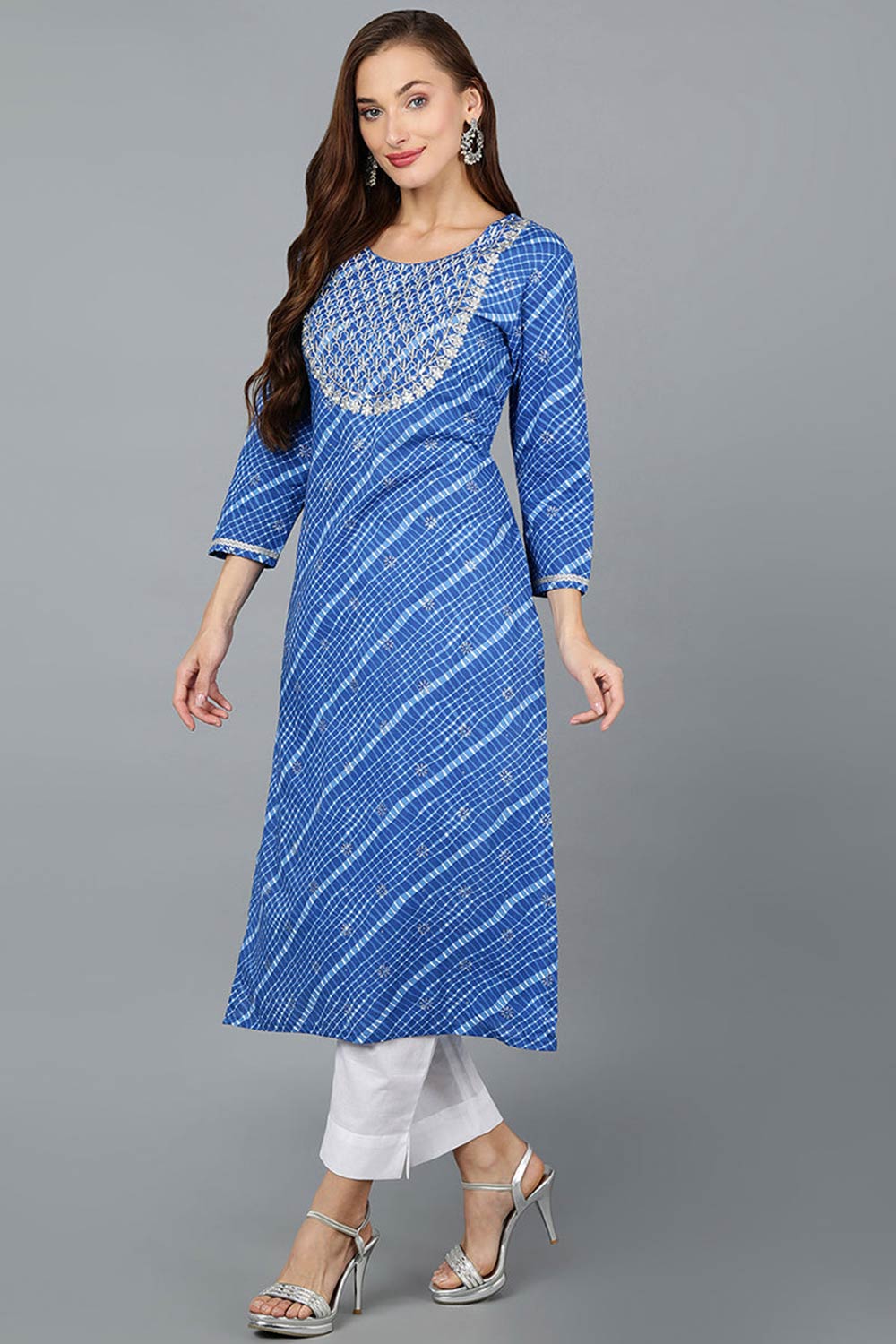 Blue Cotton Round Neck KurtI Set