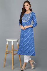 Blue Cotton Round Neck KurtI Set