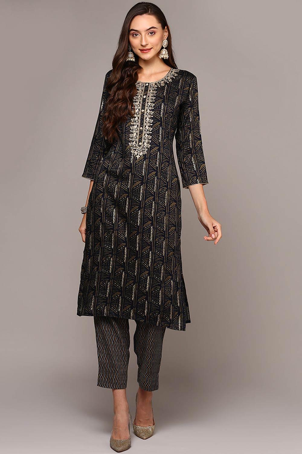 Blue Rayon Round Neck KurtI Set