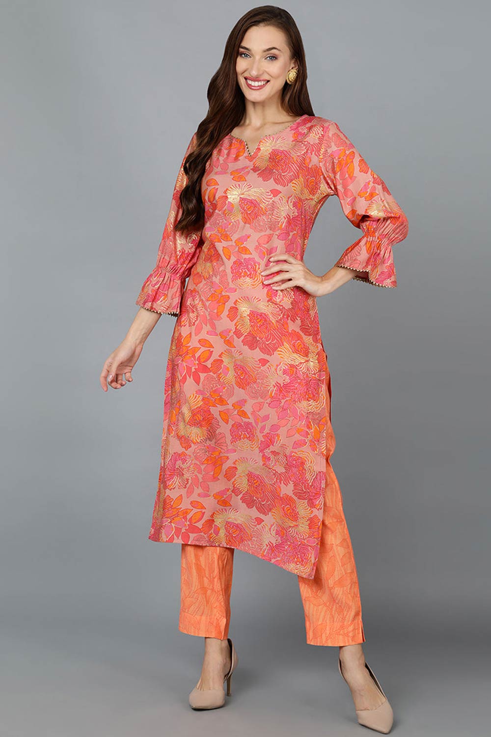 Pink Silk Blend Round Neck KurtI Set