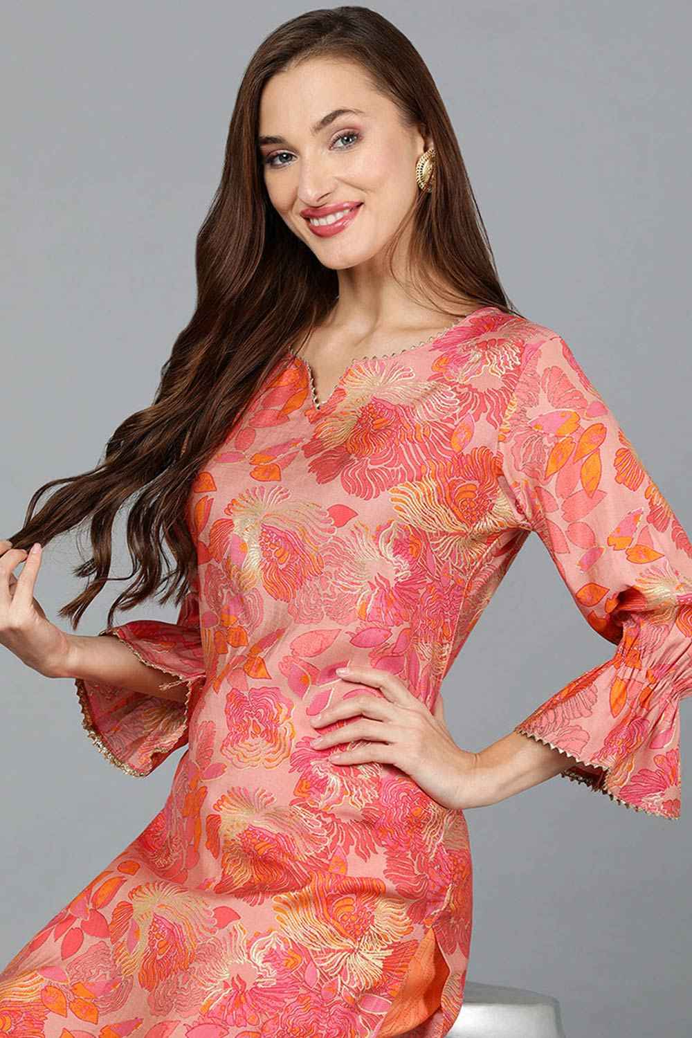 Pink Silk Blend Round Neck KurtI Set