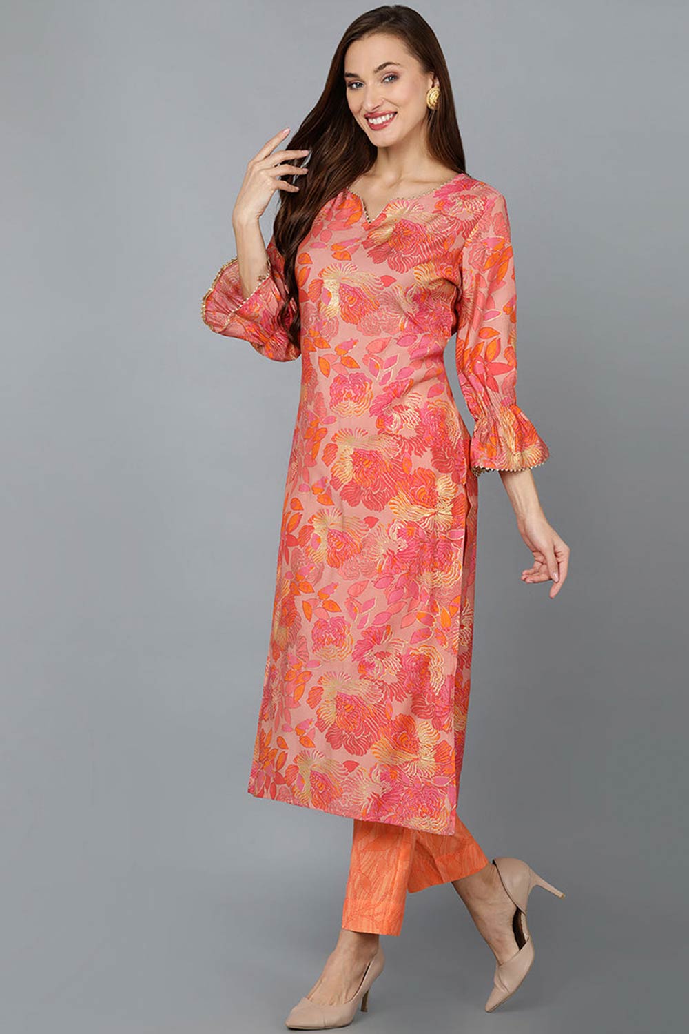 Pink Silk Blend Round Neck KurtI Set