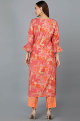 Pink Silk Blend Round Neck KurtI Set