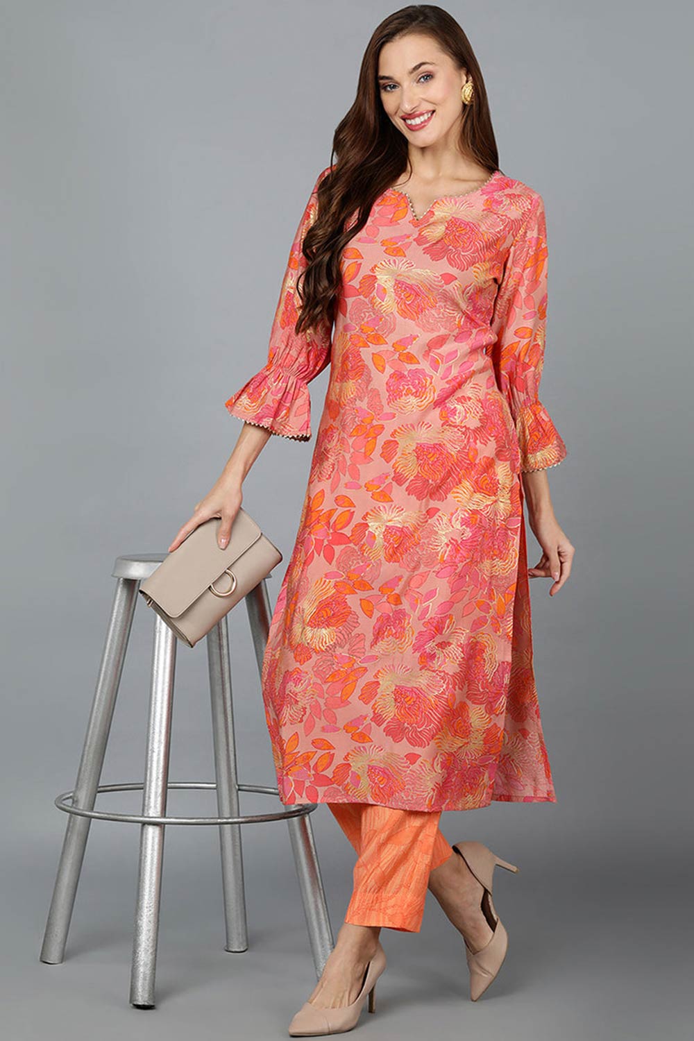 Pink Silk Blend Round Neck KurtI Set