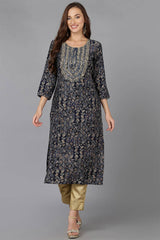 Blue Cotton Blend Printed Straight Fit KurtI Set