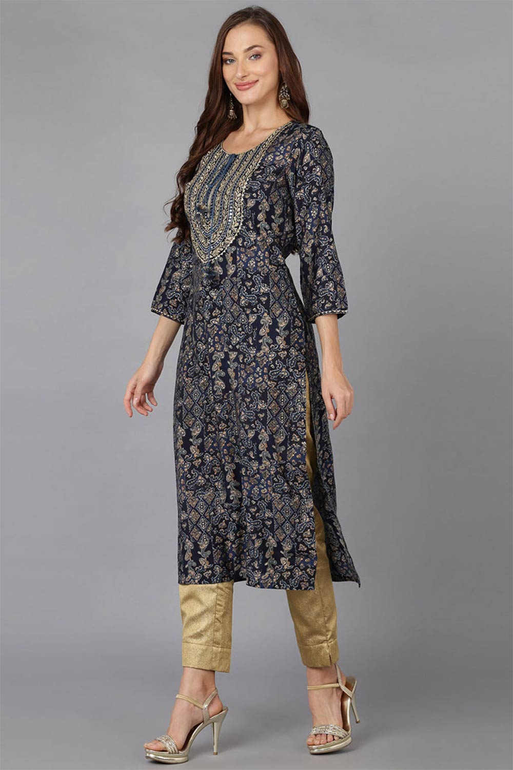 Blue Cotton Blend Printed Straight Fit KurtI Set