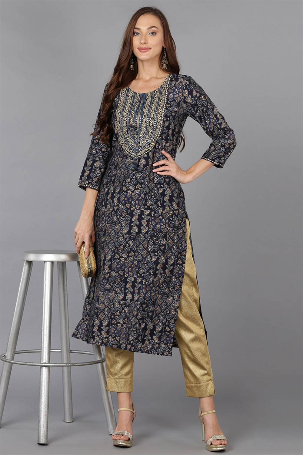 Blue Cotton Blend Printed Straight Fit KurtI Set