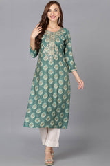 Green Silk Blend Round Neck KurtI Set