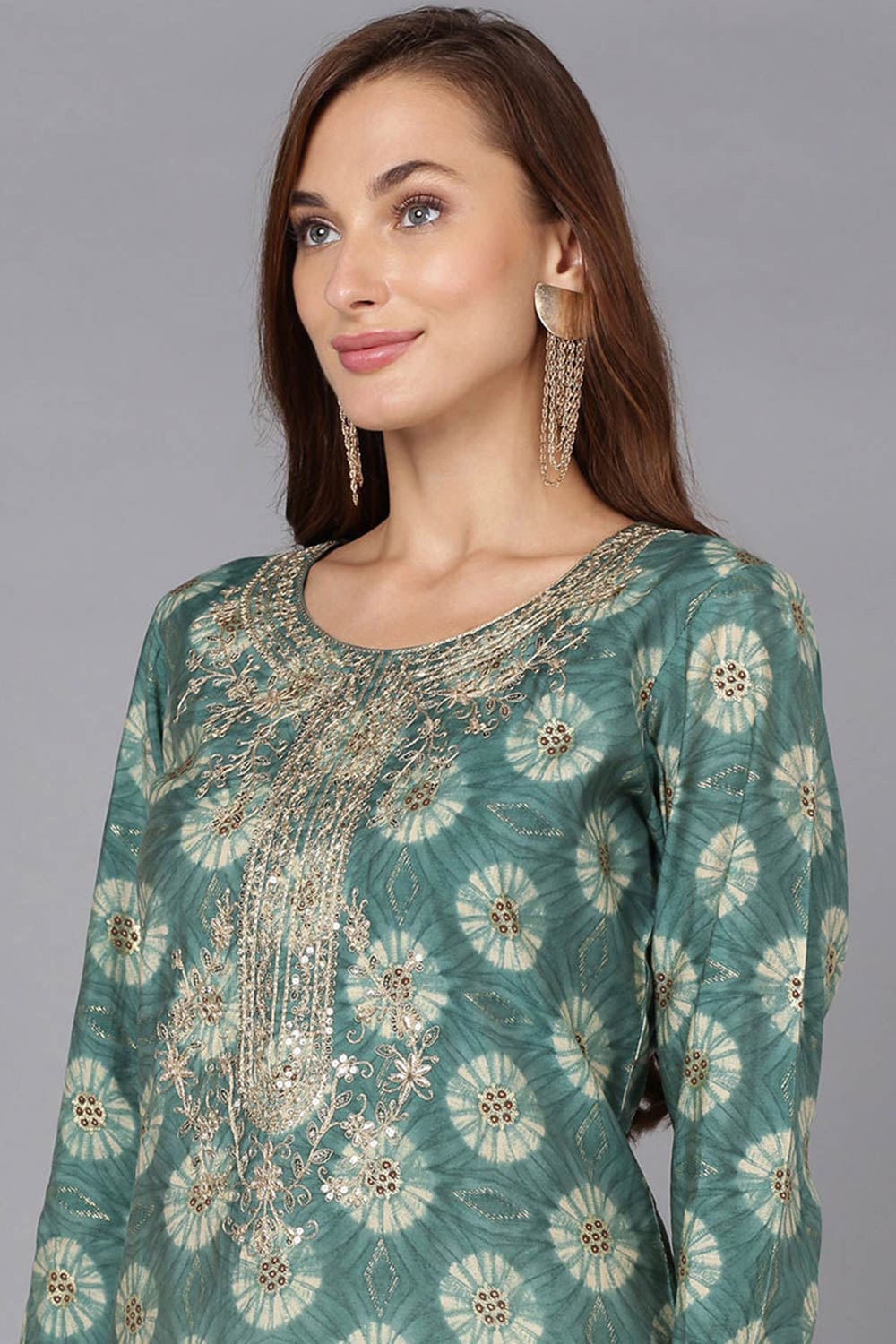 Green Silk Blend Round Neck KurtI Set