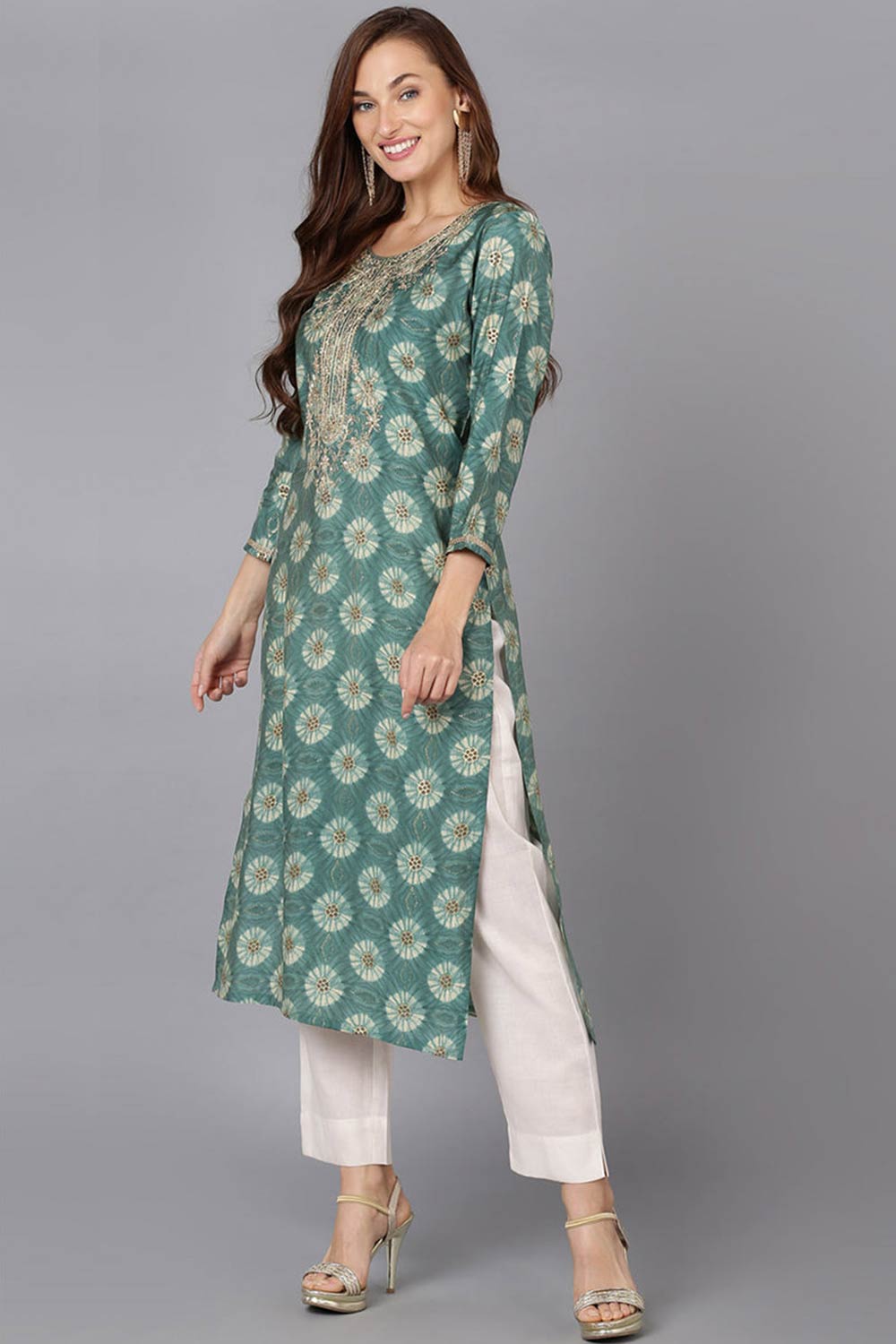 Green Silk Blend Round Neck KurtI Set