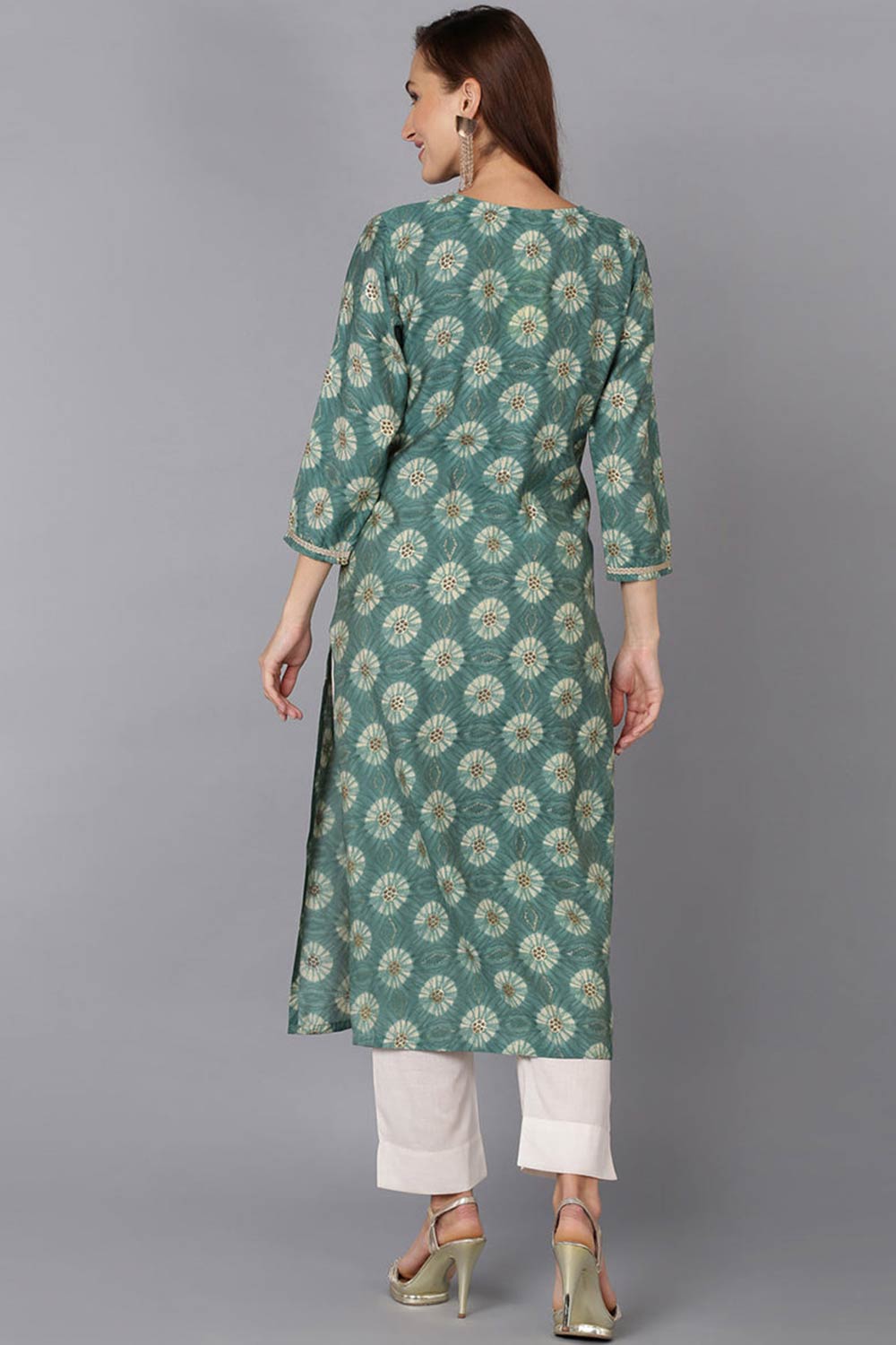 Green Silk Blend Round Neck KurtI Set