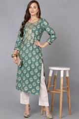 Green Silk Blend Round Neck KurtI Set