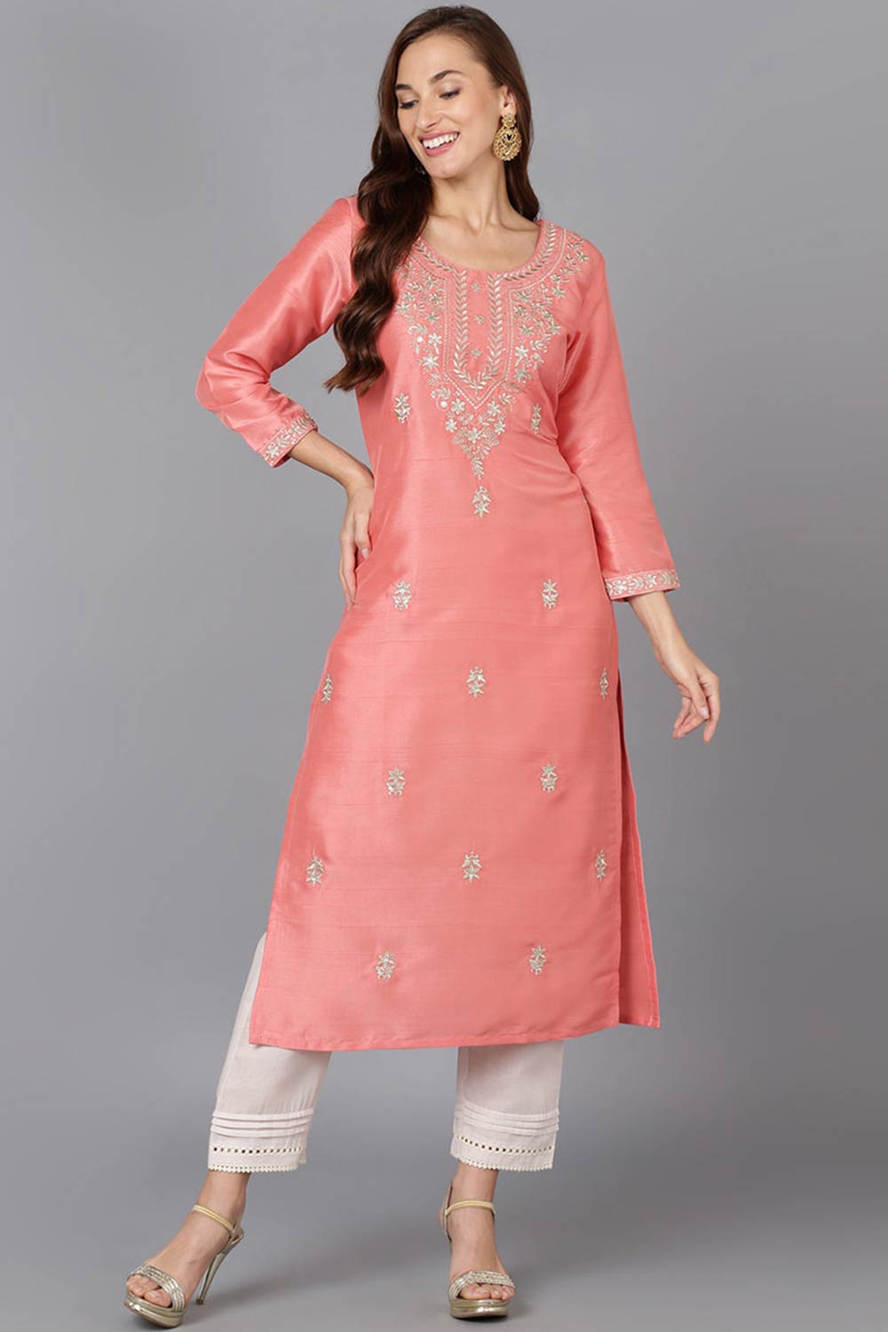 Pink Silk Blend Round Neck KurtI Set