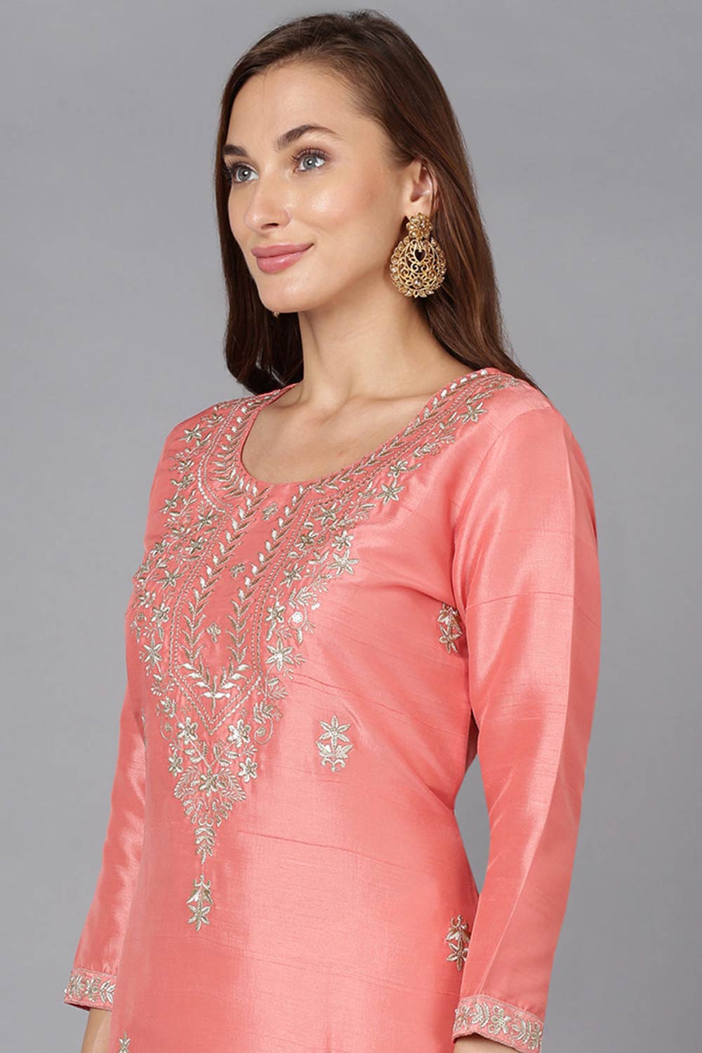 Pink Silk Blend Round Neck KurtI Set