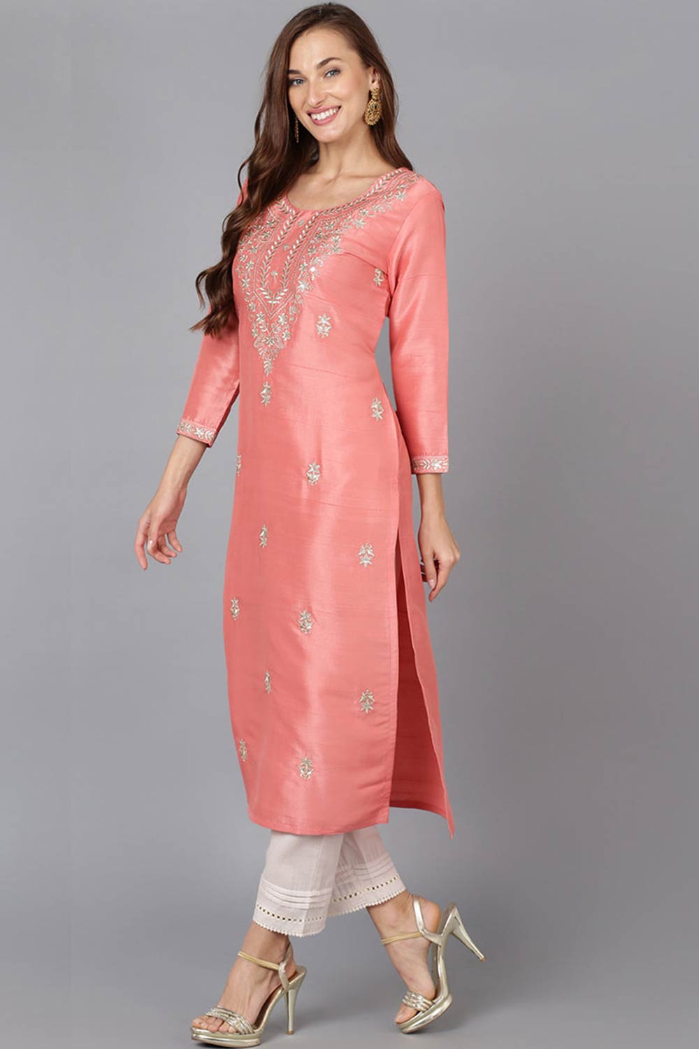 Pink Silk Blend Round Neck KurtI Set