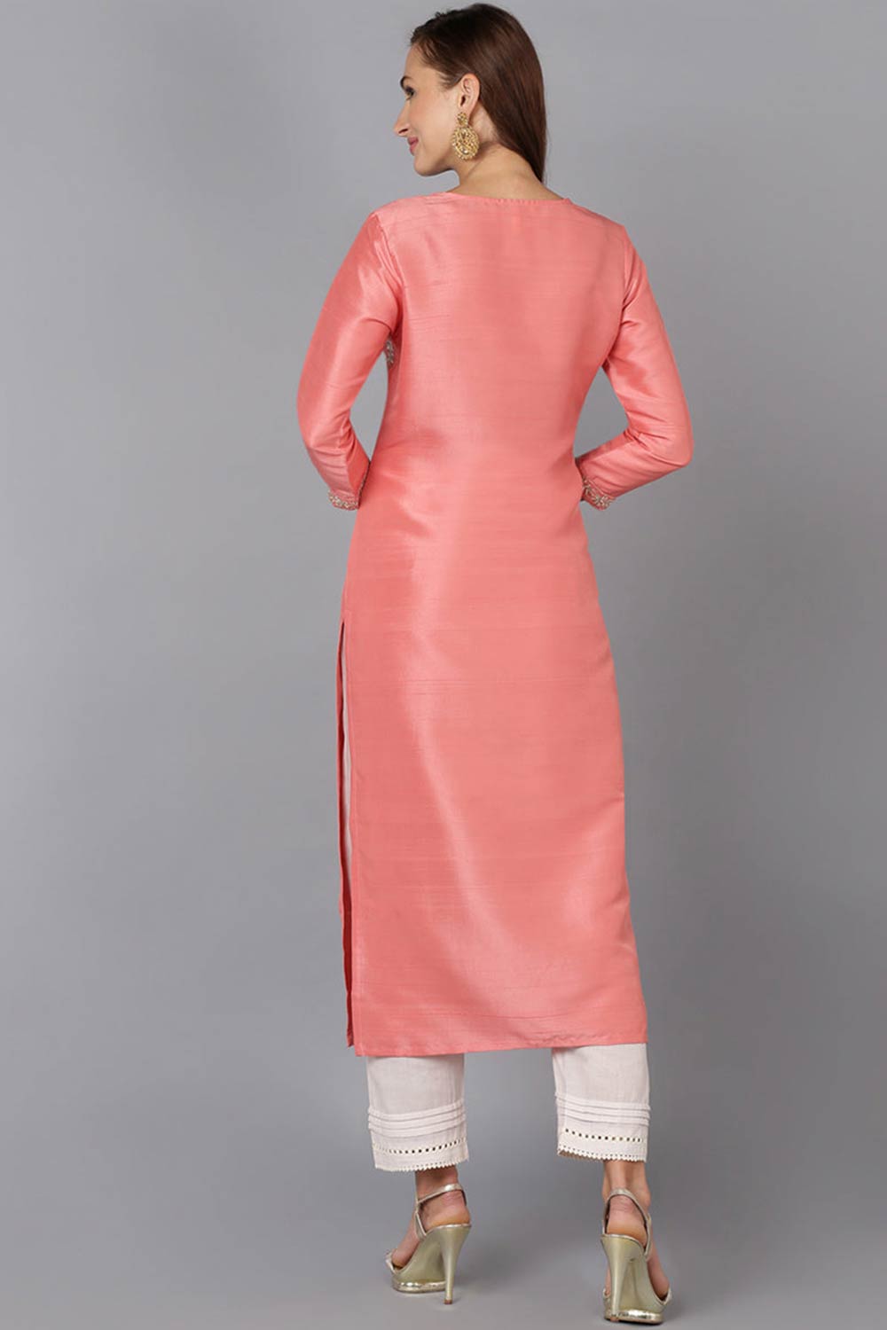 Pink Silk Blend Round Neck KurtI Set