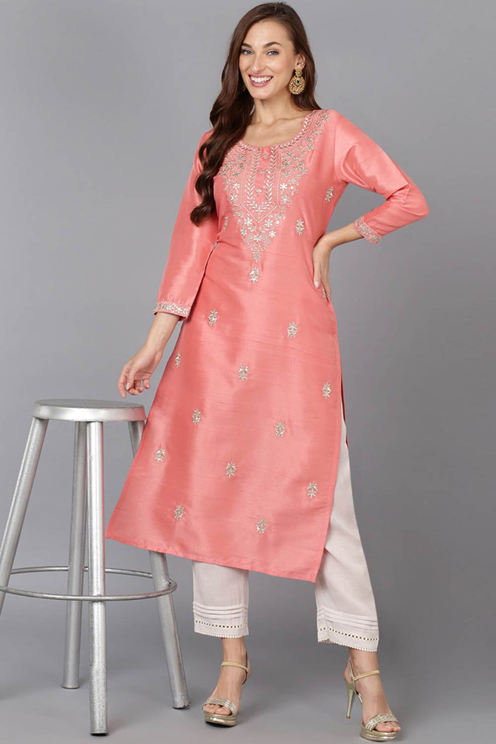 Pink Silk Blend Round Neck KurtI Set