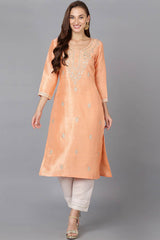 Pink Silk Blend Round Neck KurtI Set