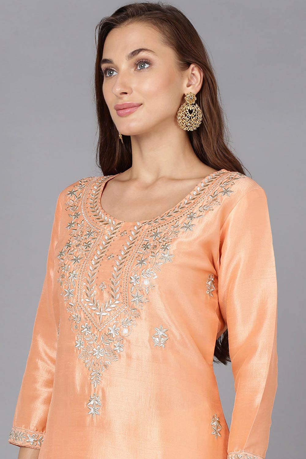 Pink Silk Blend Round Neck KurtI Set