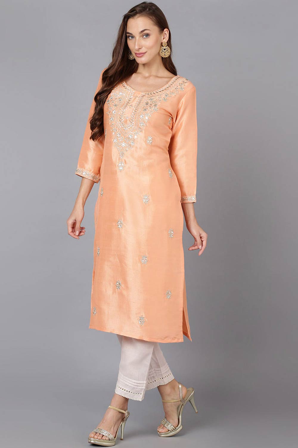 Pink Silk Blend Round Neck KurtI Set