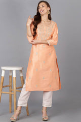 Pink Silk Blend Round Neck KurtI Set