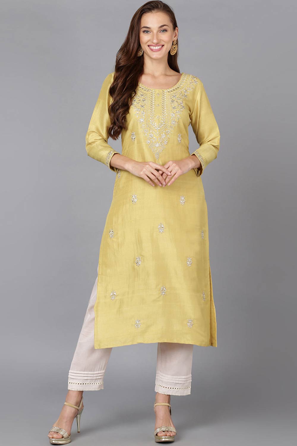 Yellow Silk Blend Round Neck KurtI Set