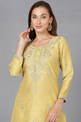 Yellow Silk Blend Round Neck KurtI Set