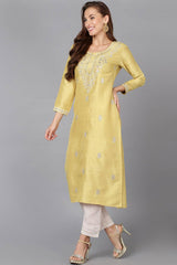 Yellow Silk Blend Round Neck KurtI Set