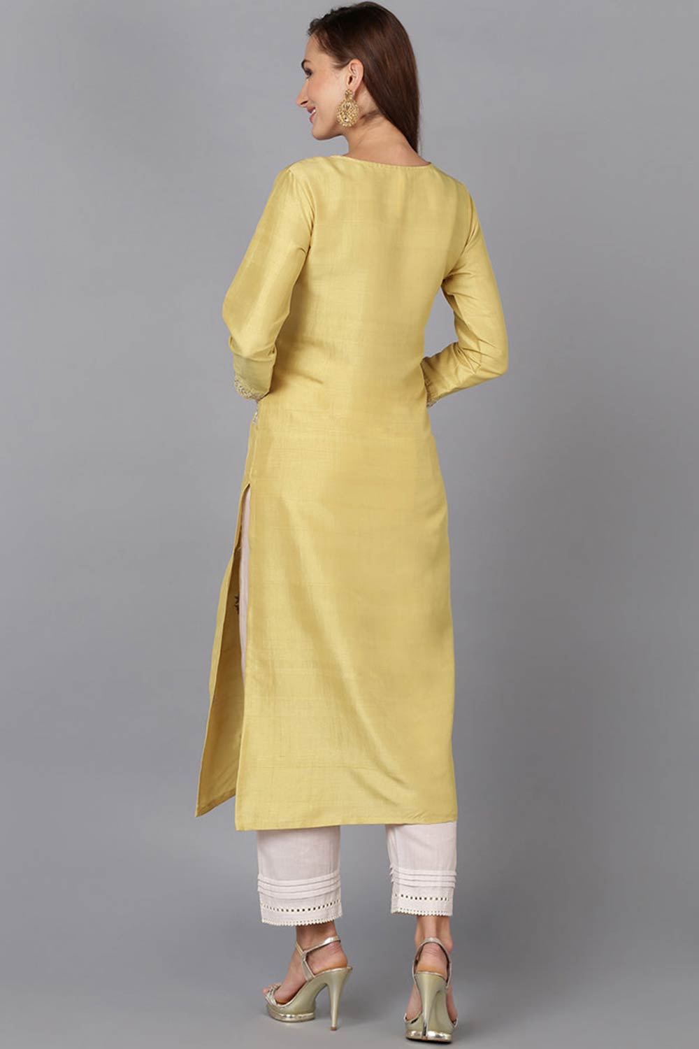 Yellow Silk Blend Round Neck KurtI Set