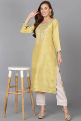 Yellow Silk Blend Round Neck KurtI Set