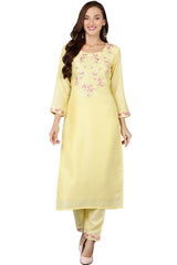 Yellow Silk Blend Round Neck KurtI Set