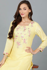 Yellow Silk Blend Round Neck KurtI Set