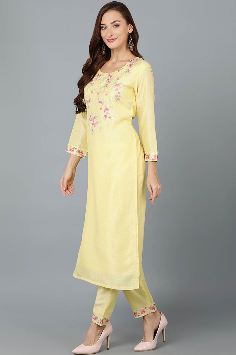 Yellow Silk Blend Round Neck KurtI Set