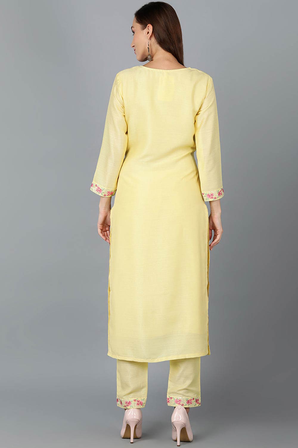 Yellow Silk Blend Round Neck KurtI Set