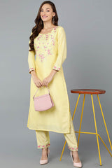 Yellow Silk Blend Round Neck KurtI Set