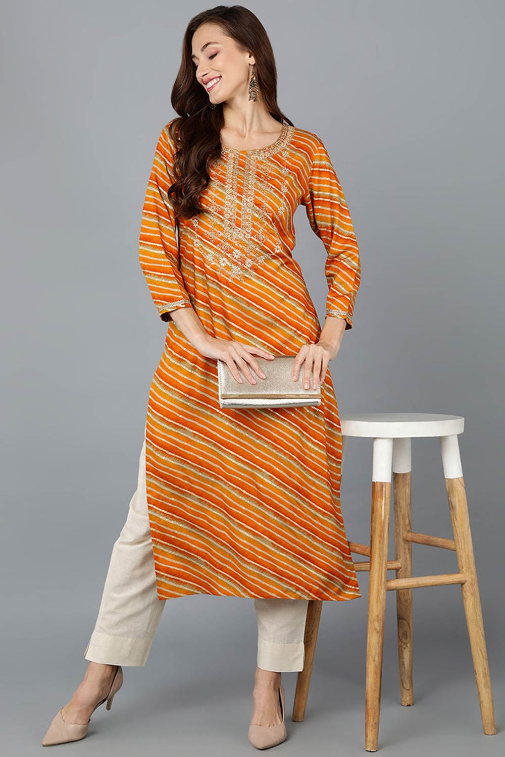 Gold Silk Blend Round Neck KurtI Set