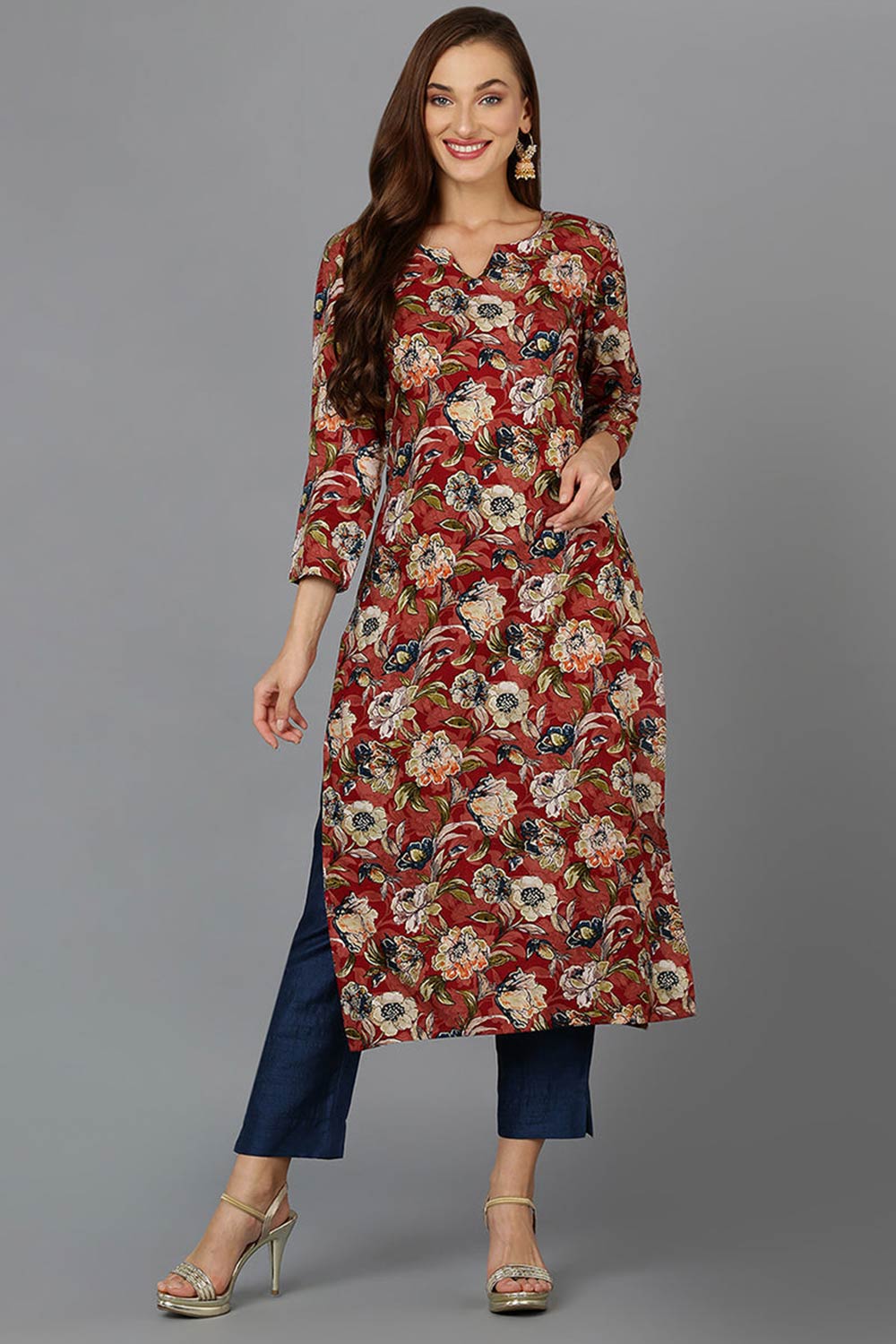 Red Cotton Embroidered Round Neck KurtI Set