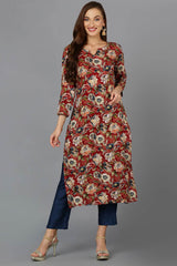 Red Cotton Embroidered Round Neck KurtI Set