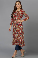 Red Cotton Embroidered Round Neck KurtI Set