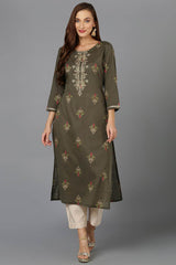 green Cotton Round Neck KurtI Set