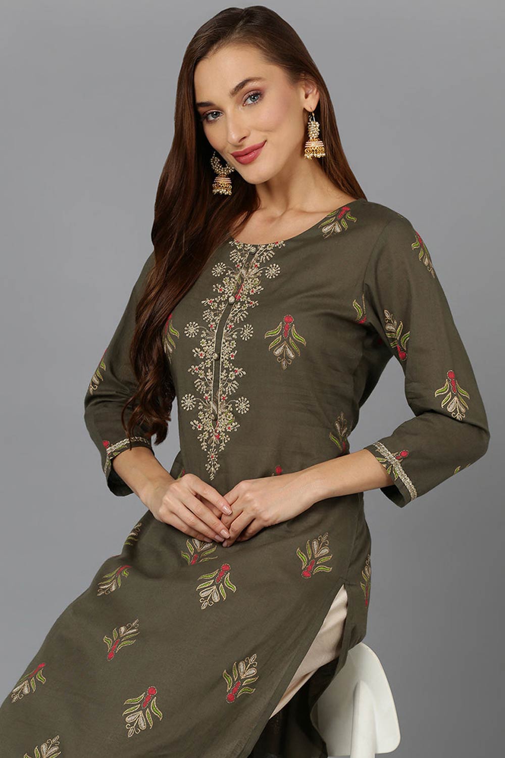 green Cotton Round Neck KurtI Set